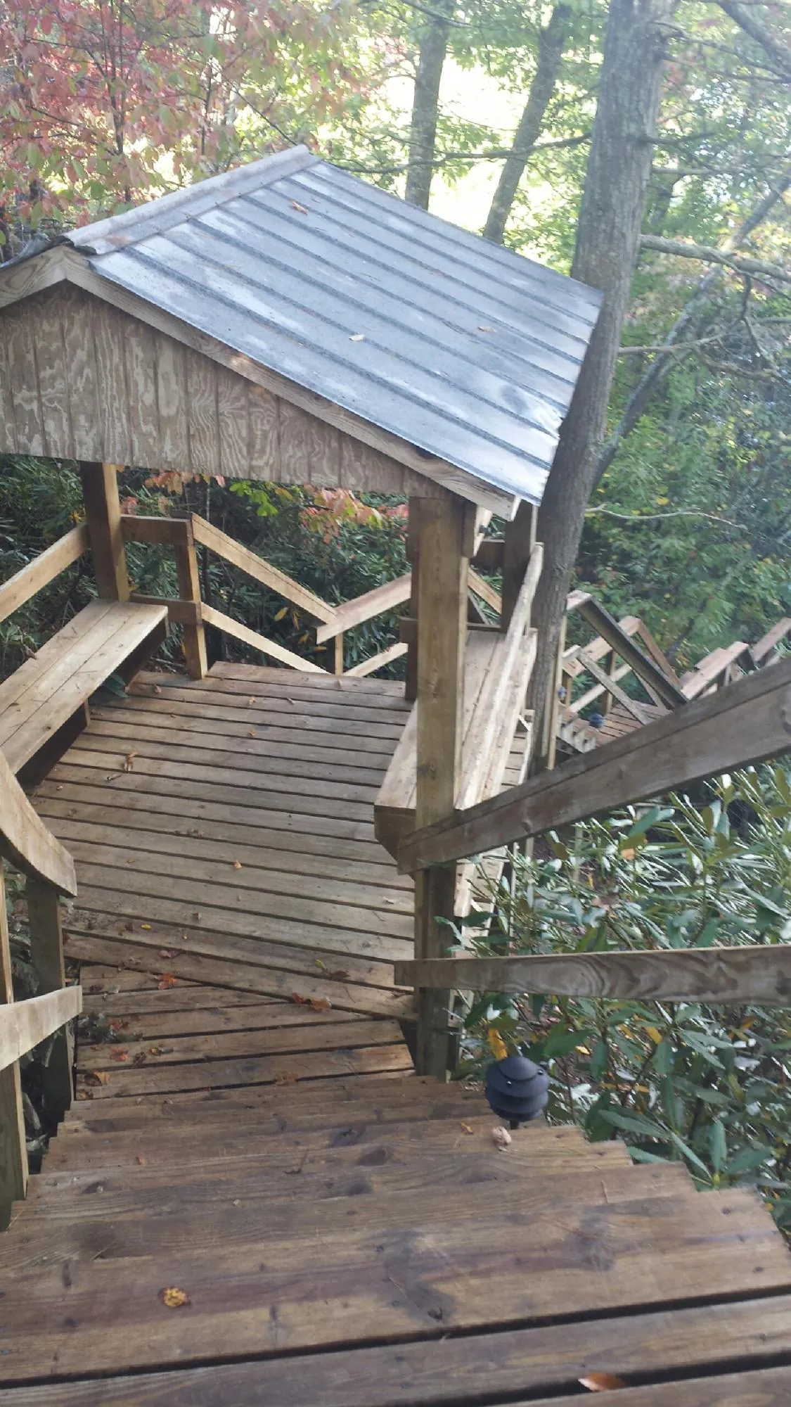 Metal roofed shelter over wooden steps on a wooded walkway — Skylight Repair & Installation work by our crew in Armour